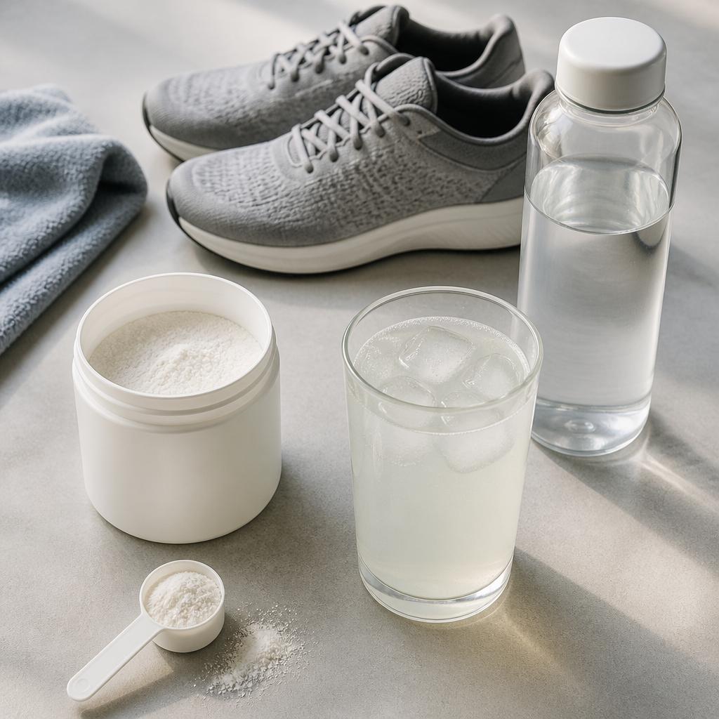 Flat-lay of a plain scoop of creatine powder beside a glass of electrolyte drink and running trainers on grey.