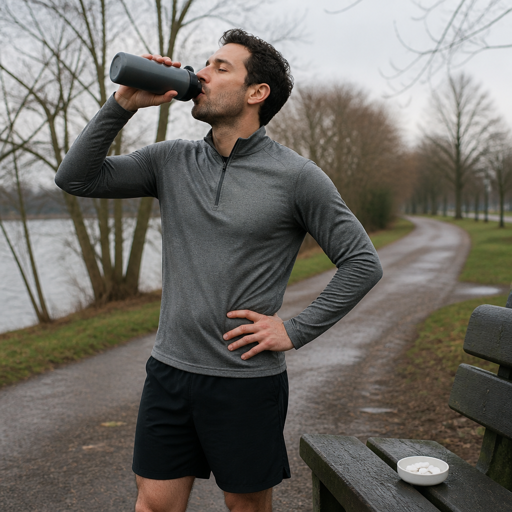 Runner in a UK park pausing to drink from a water bottle next to a dish of plain electrolyte tablets.