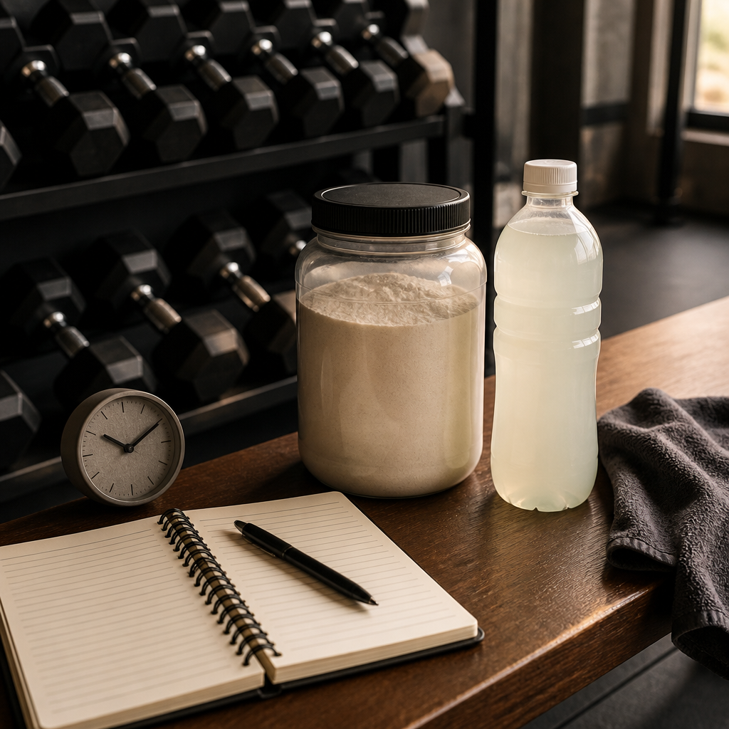 Gym bench with a training notebook, a jar of supplement powder and a bottle of electrolyte drink.