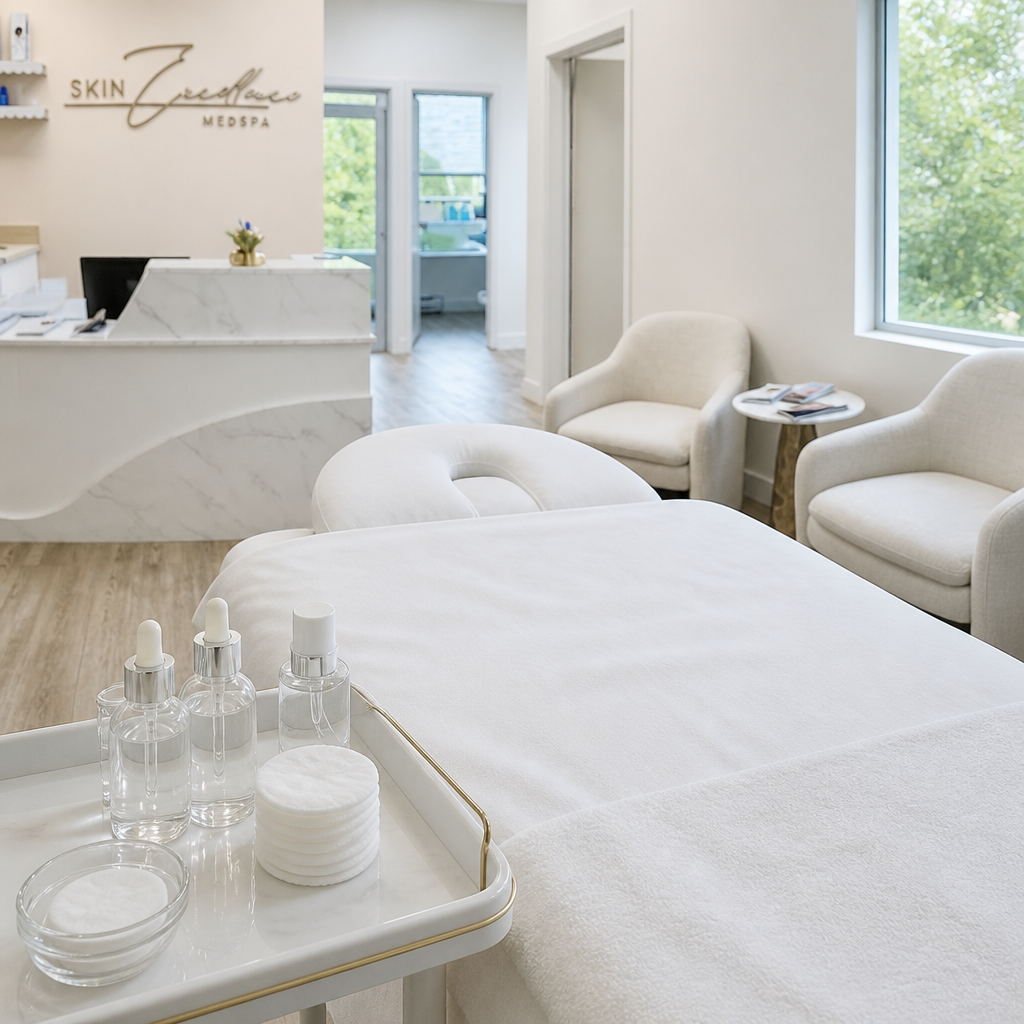 Bright Aurora treatment room with window light, plain skincare bottles and a treatment bed for sensitive skin medical aesthetics