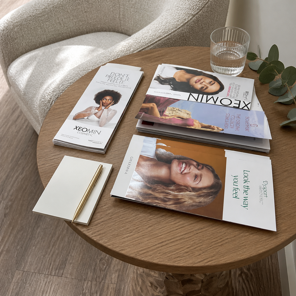 Printed treatment guides and a notepad on a side table, preparing for a sensitive skin consultation