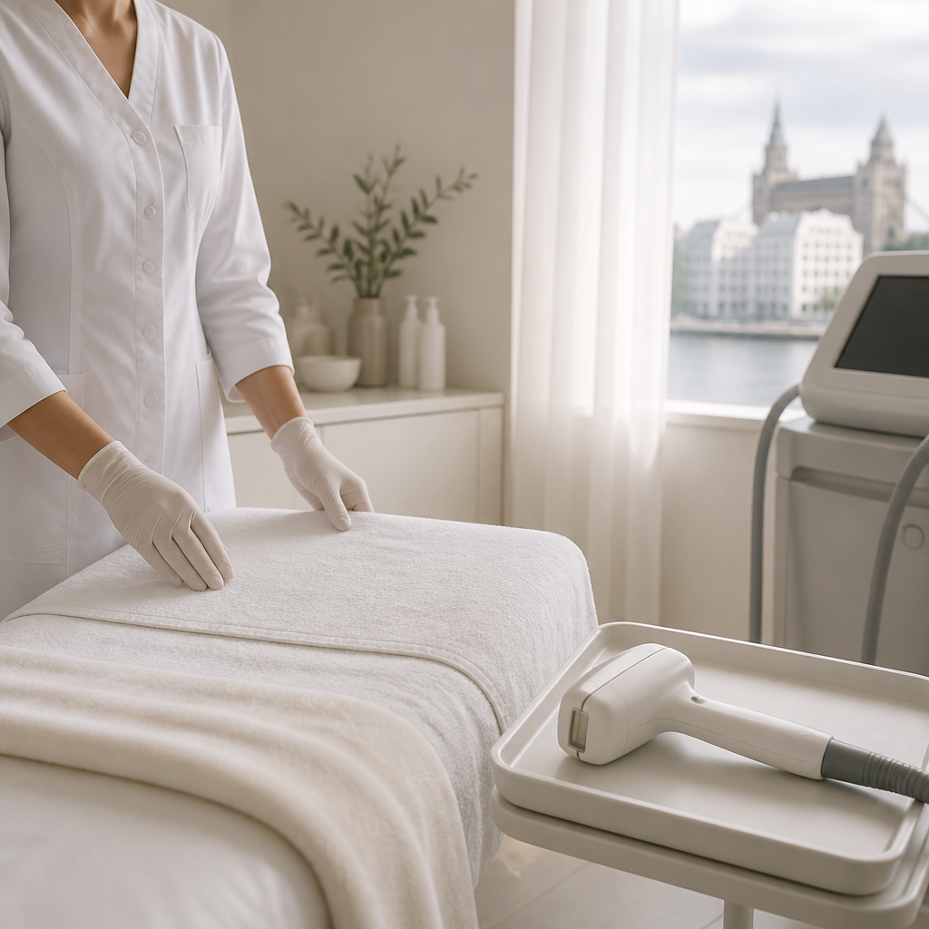 Treatment room at a laser hair removal clinic with a practitioner preparing a laser handpiece beside a treatment bed