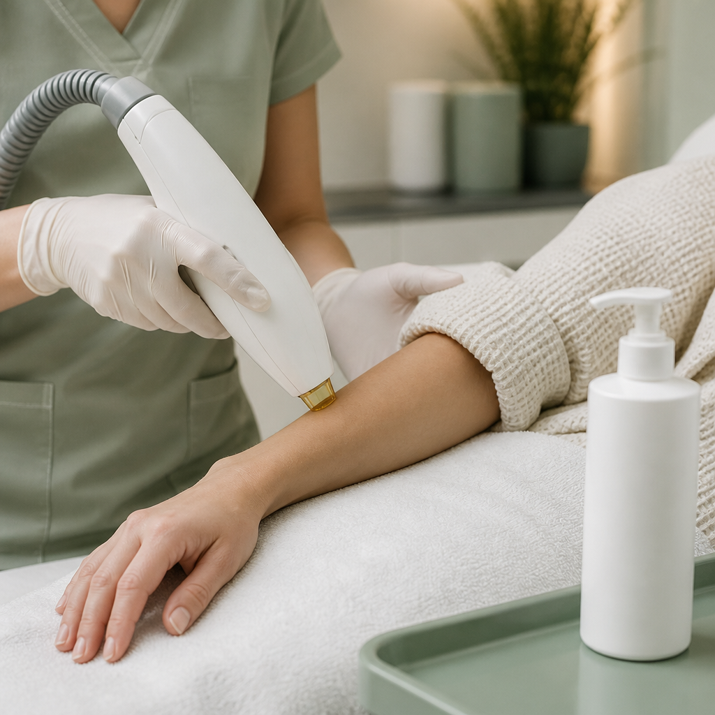 Gloved hand guiding a laser handpiece above clothed skin during a safety-focused hair removal session