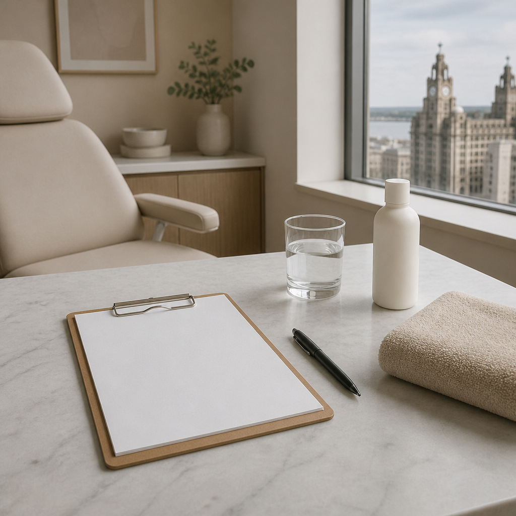 Consultation table with a blank intake form, pen and water ready for a laser clinic patient check