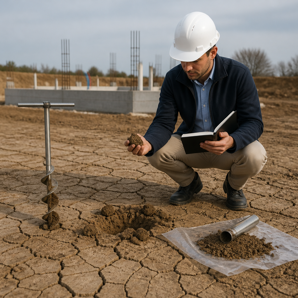 Ingénieur géotechnicien inspectant un sol argileux sur un terrain plat, avec une tarière et un carnet de relevés.