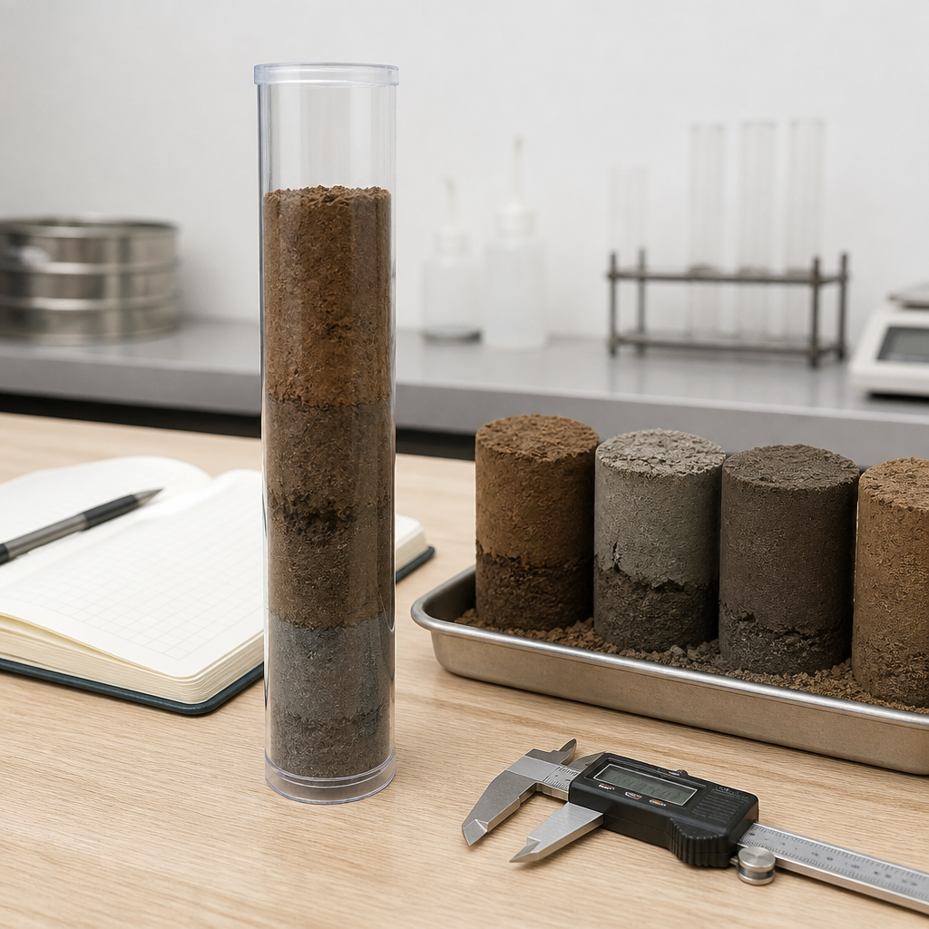 Échantillons de sol argileux en couches alignés sur une table de laboratoire géotechnique.