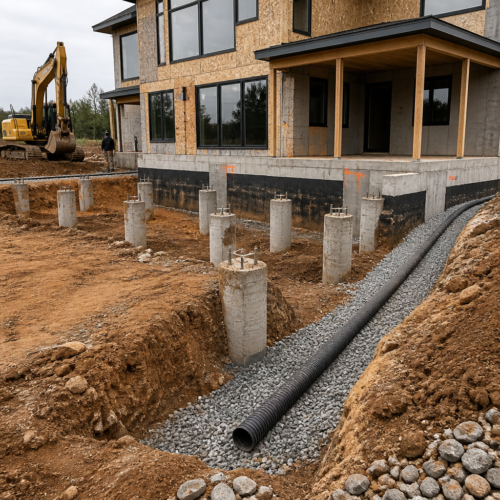 Chantier de maison avec fondations spéciales sur pieux et drainage périphérique pour sol argileux.