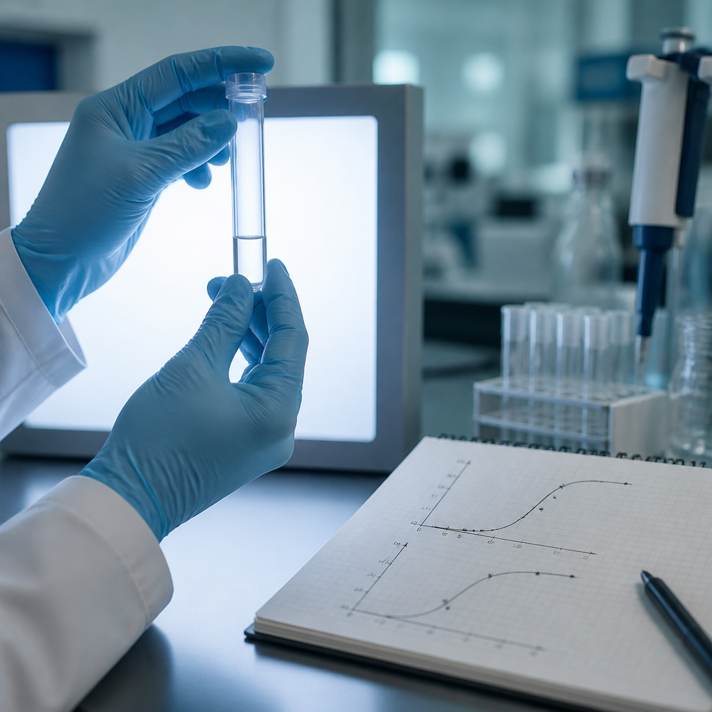 Gloved hands examining a sample tube beside dose-response curve sketches in a laboratory notebook.