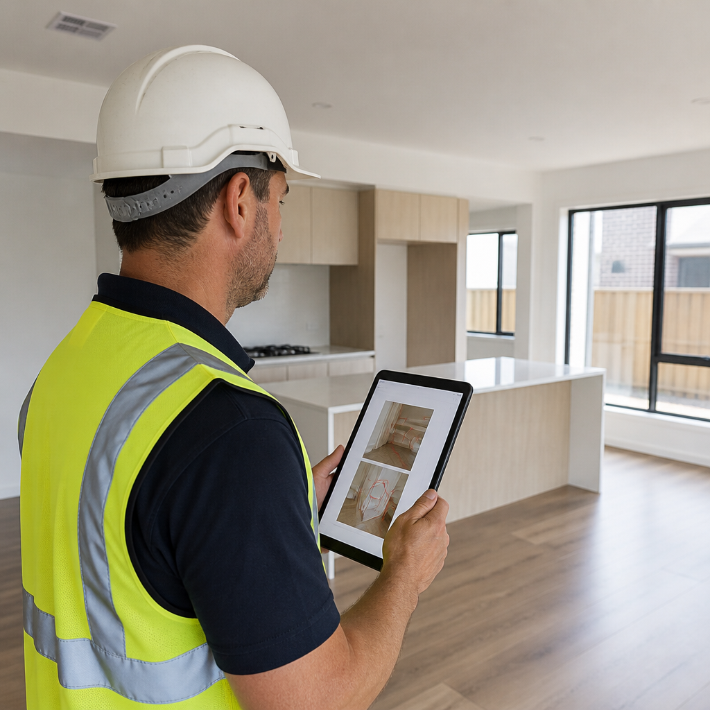 Building inspector checking a newly built home interior and recording defects on a tablet during a what to expect building inspection.
