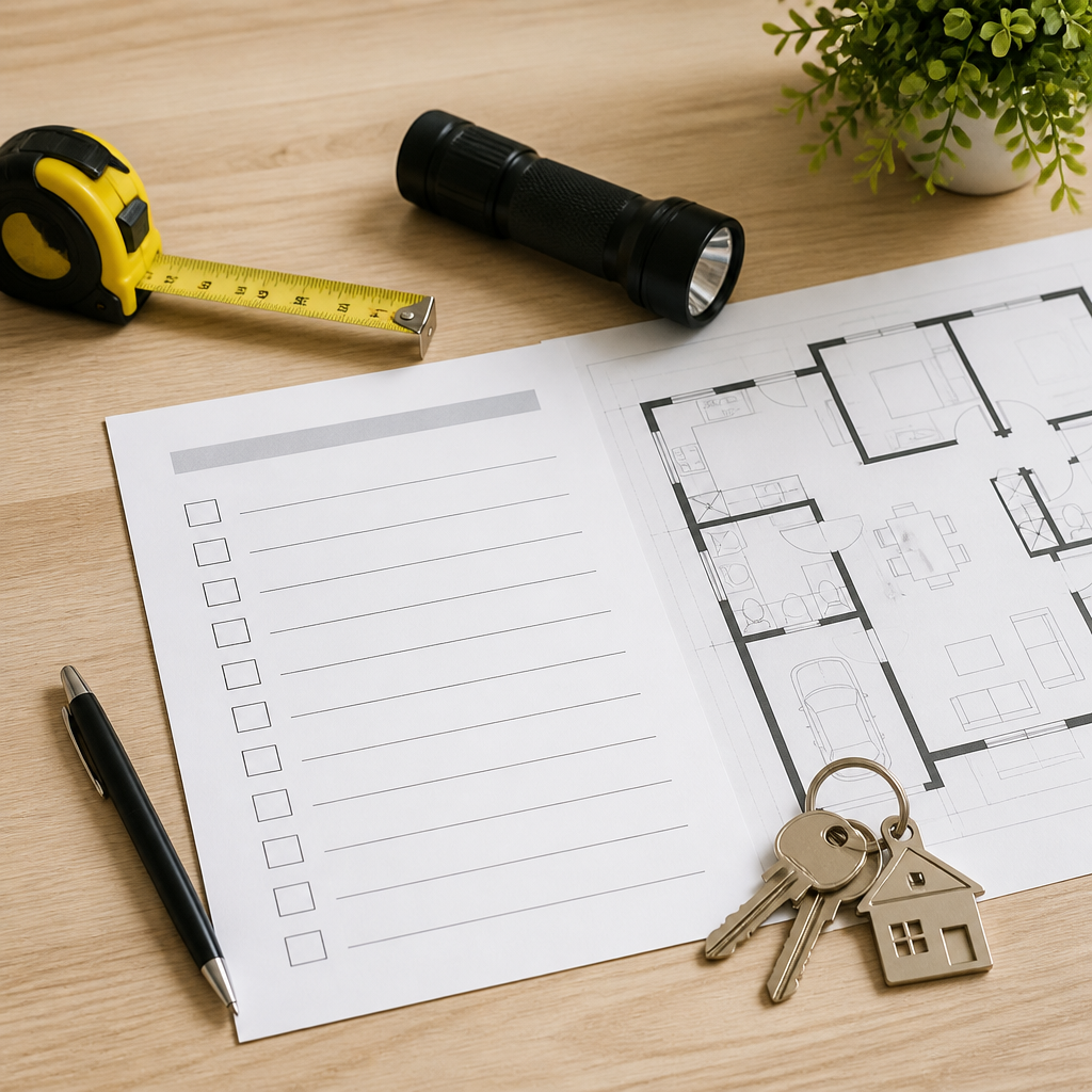 Inspection day checklist with a floor plan, measuring tape, torch and keys laid out before a new home inspection.