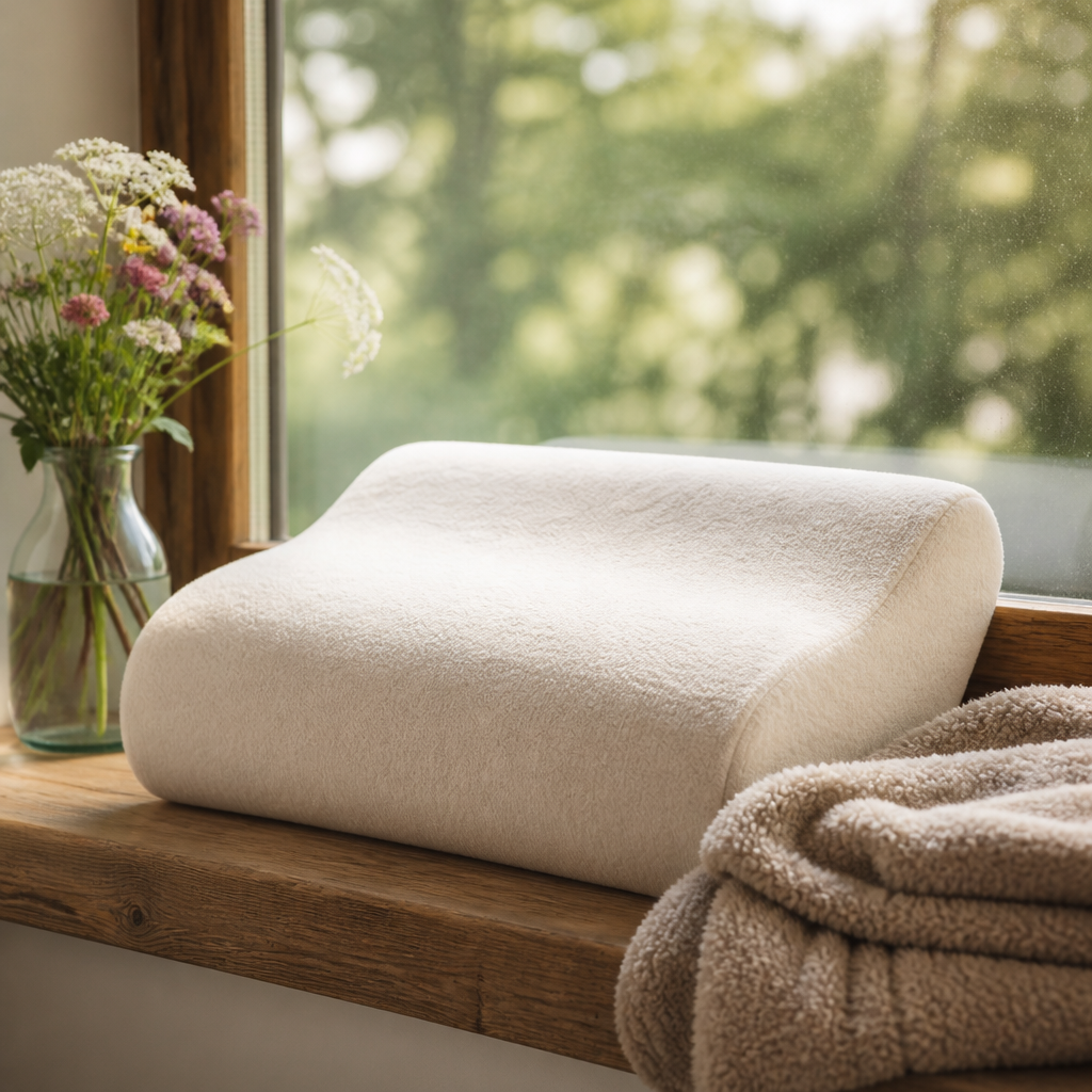 Soft cream pet memory pillow resting on a sunlit windowsill beside a small vase of wildflowers.