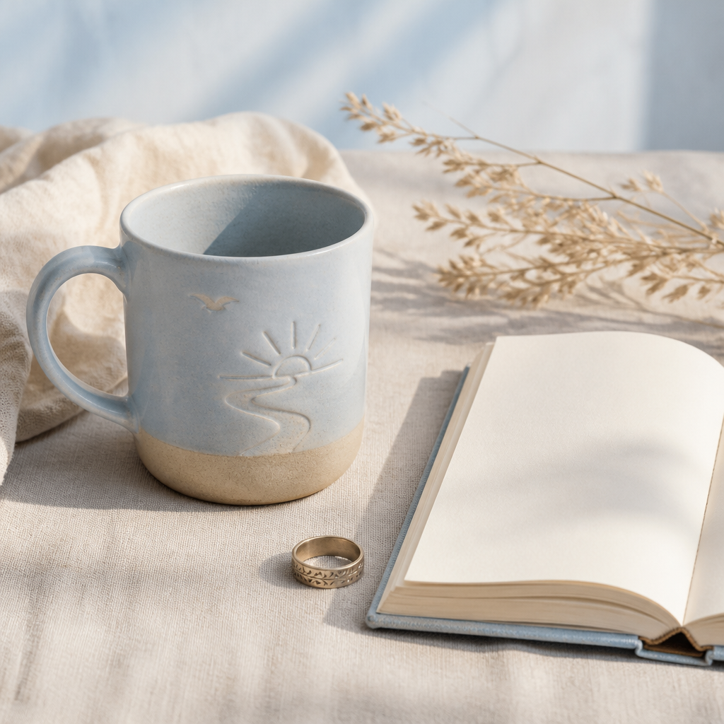 Plain ceramic memorial mug and a small keepsake ring arranged on linen with dried meadow grass.