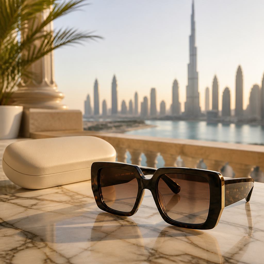 Oversized dark acetate sunglasses on a sunlit terrace with a Dubai skyline behind, for oversized sunglasses UAE guide.