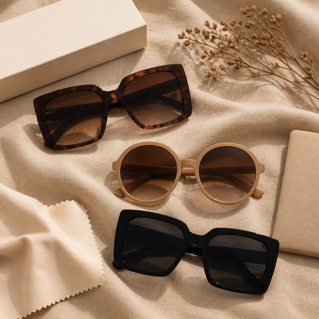 Flat-lay of square, round and rectangular oversized sunglasses on sand-toned linen, comparing frame shapes.