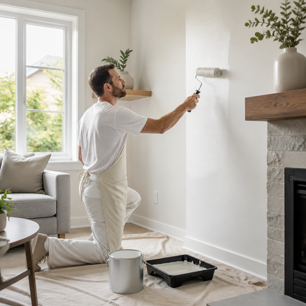 Painter rolling low VOC paint onto a warm white living room wall with a window letting in daylight