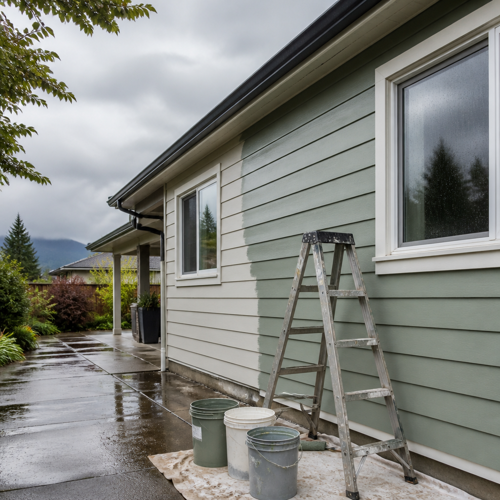 Exterior house siding being painted in sage tone under an overcast Fraser Valley sky