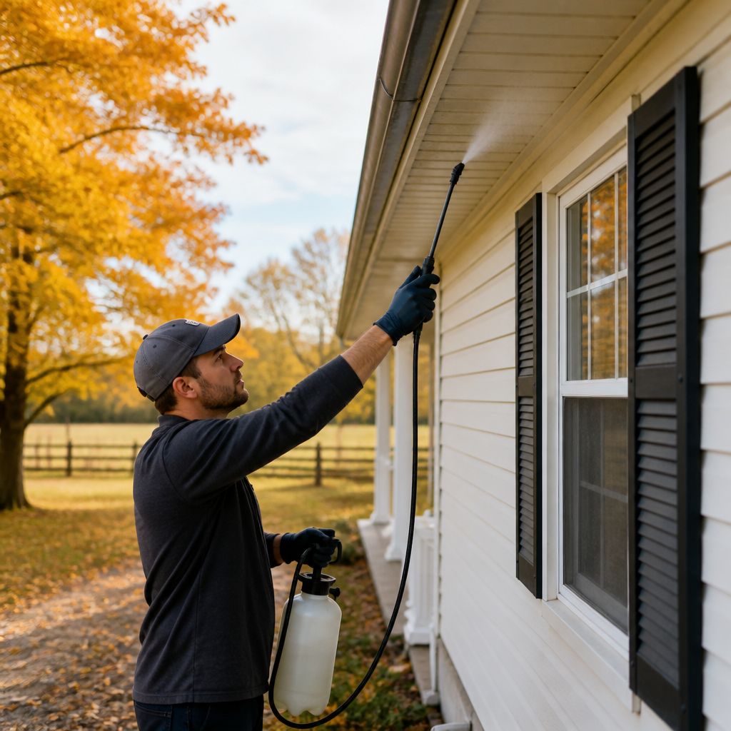 Technician spraying spider control along the eaves of a rural Ontario farmhouse during an autumn day in Fenwick.