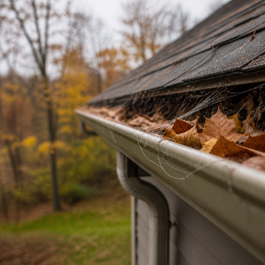 Cobwebs and fallen leaves built up in a rural home's eavestrough, showing fall cobweb removal needs.