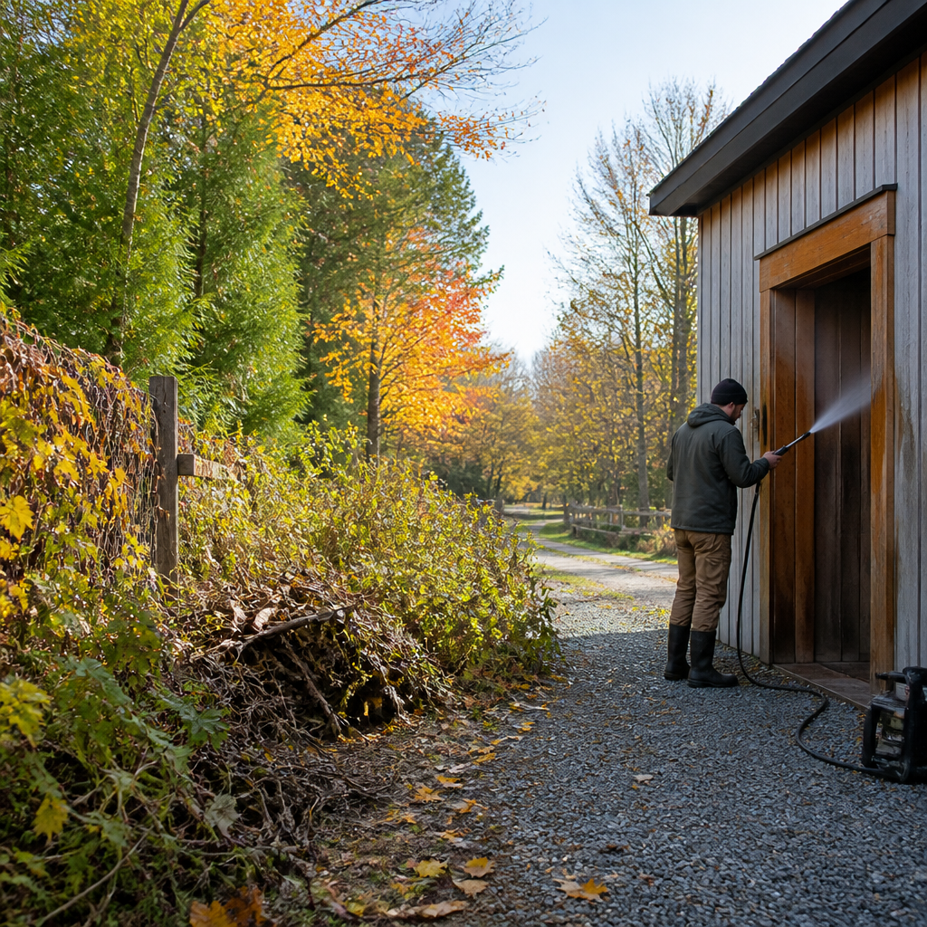 Rural outbuilding edge with hedgerow and brush pile, where exterior cleaning helps reduce fall spider buildup.