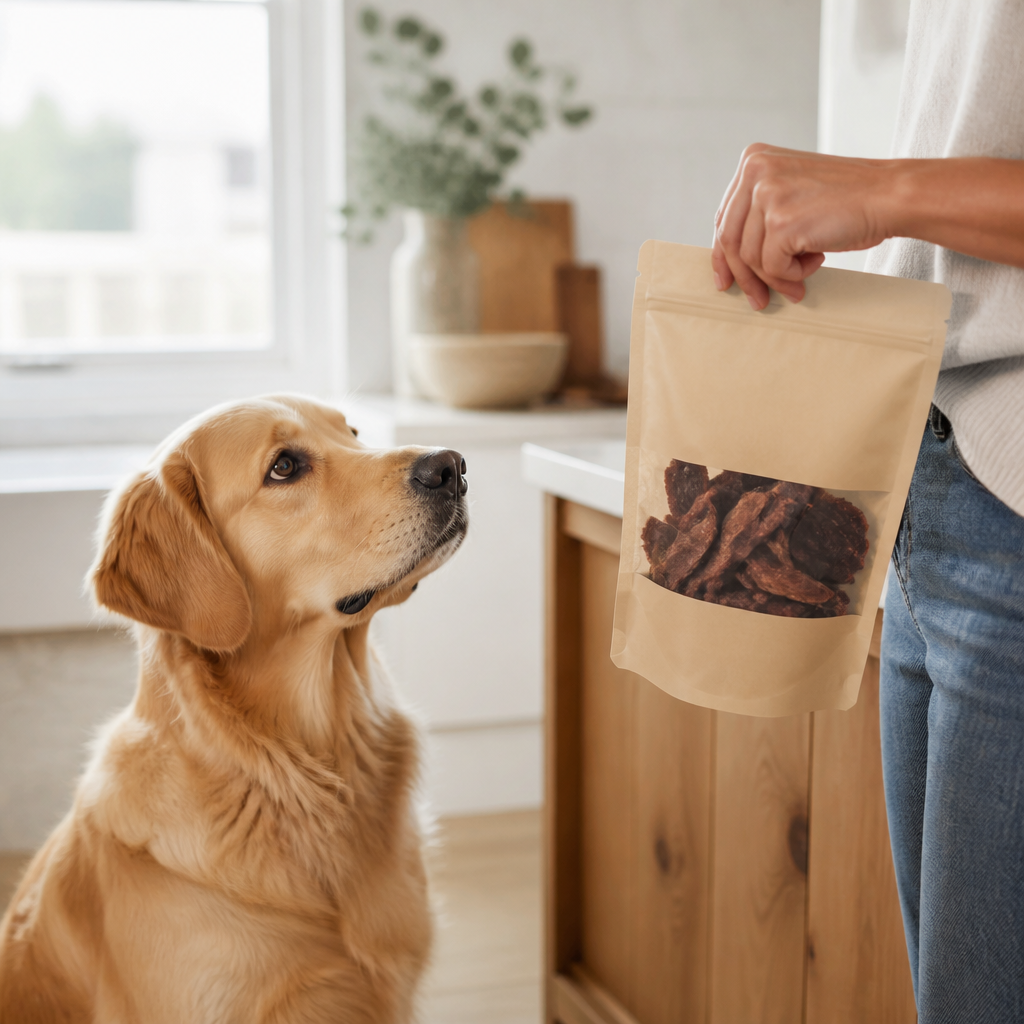 Dog sitting attentively next to a plain bag of air-dried meat treat chips on a kitchen counter