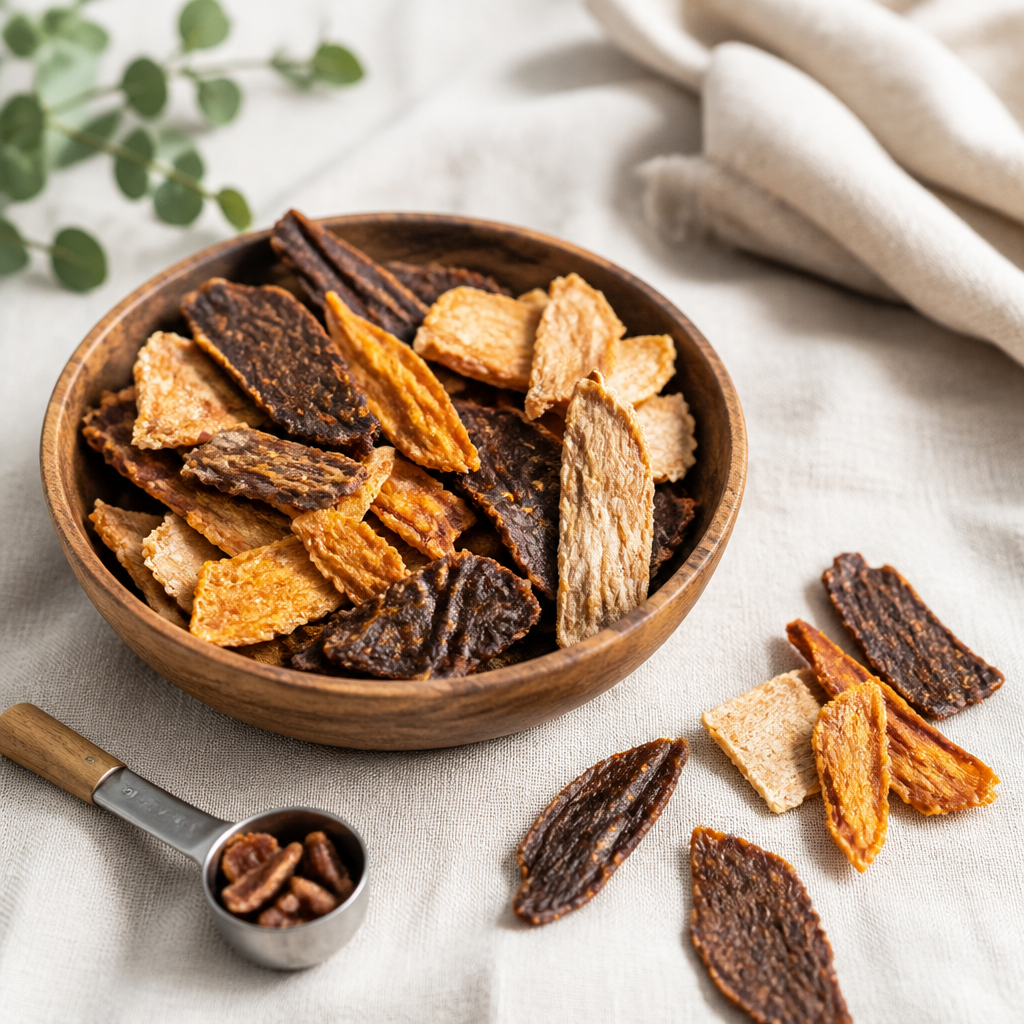 Bowl of golden air-dried meat treat chips on a light linen surface beside a measuring spoon