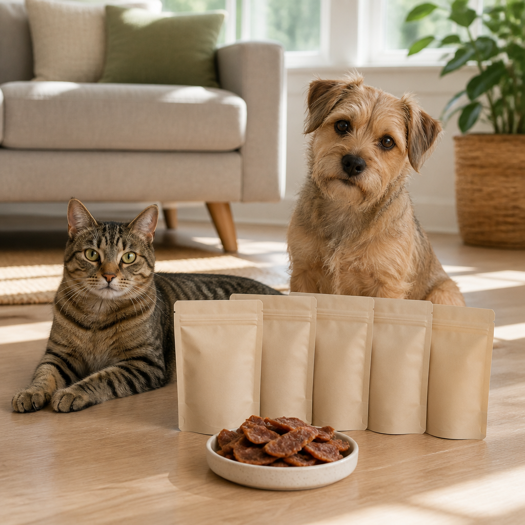 Cat and small dog sharing a sunny floor beside a dish of plain meat treat chips