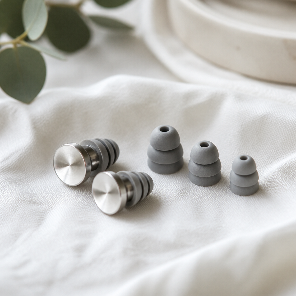 Brushed aluminium reusable earplugs with three sizes of soft foam tips on a clean white surface