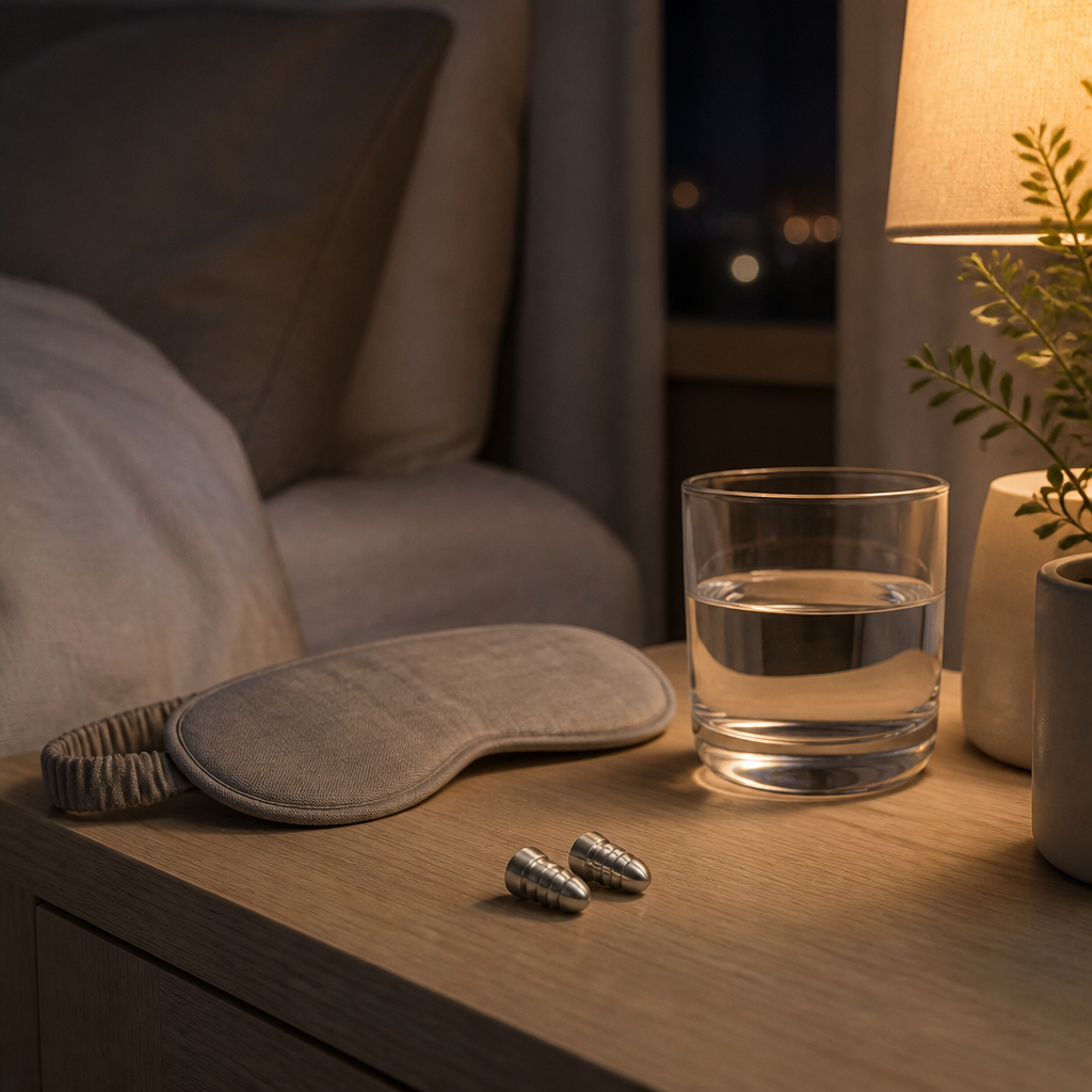 Reusable earplugs resting on a bedside table beside a sleep mask in a dim bedroom