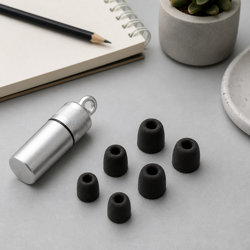 Replacement foam tips and a metal earplug body laid out beside a notebook on a grey desk
