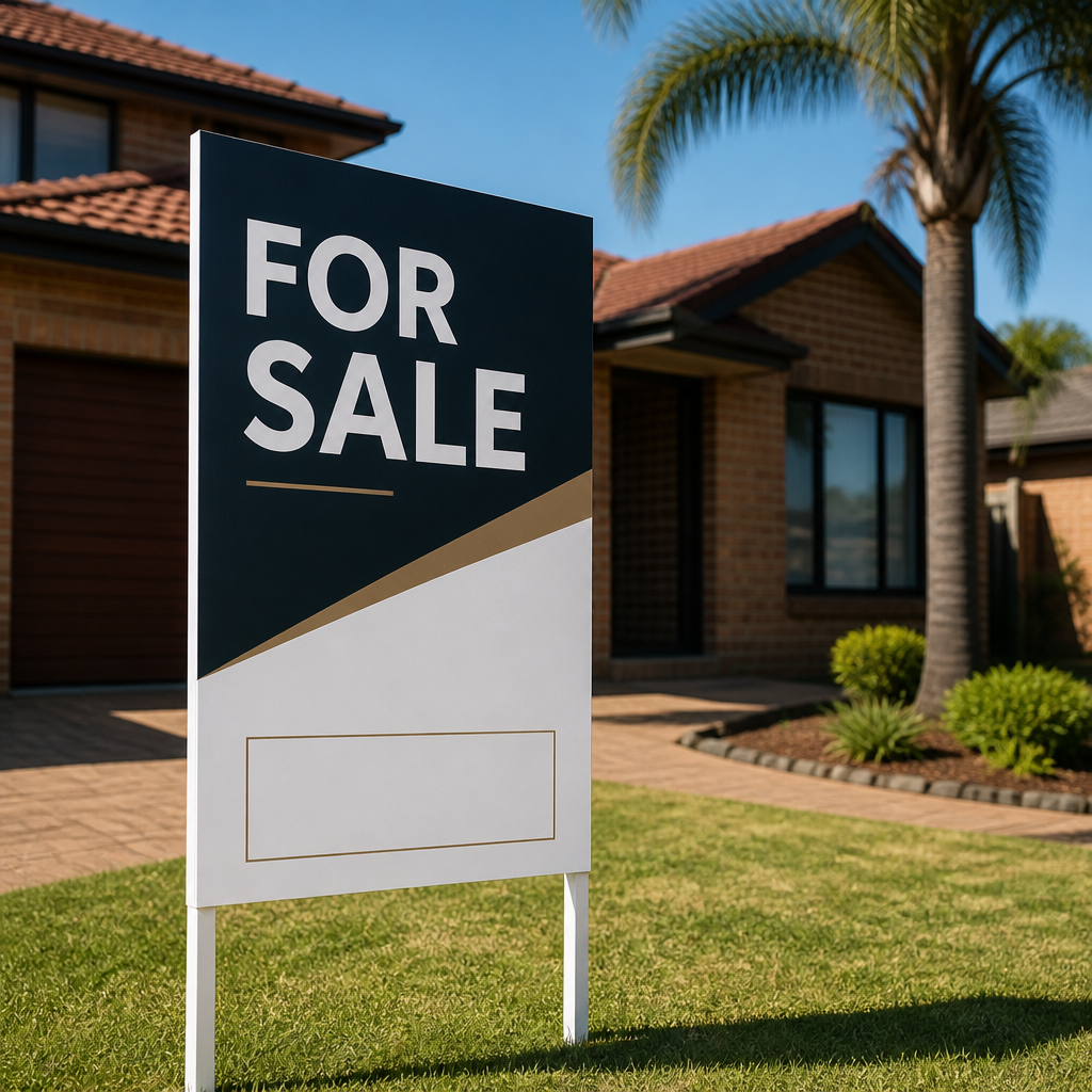 Property for sale board on a suburban lawn in Gauteng, showing bold headline and clear contact panel for estate agent signage South Africa.