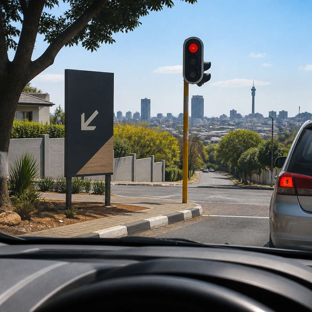 Driver's view of a roadside directional real estate board at a junction, illustrating real estate signage Gauteng placement.