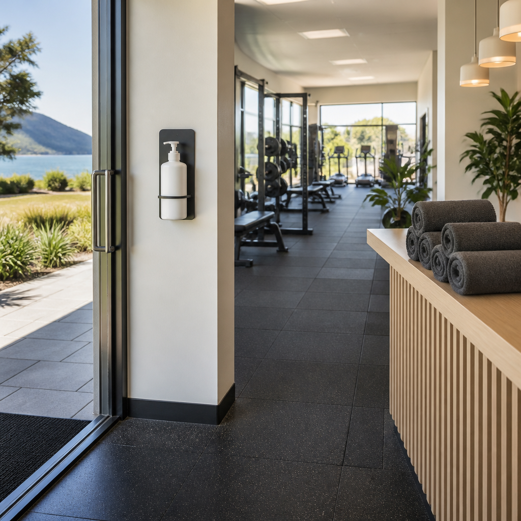 Clean gym entrance with a hand sanitiser station and freshly mopped floor, illustrating gym cleaning NZ standards