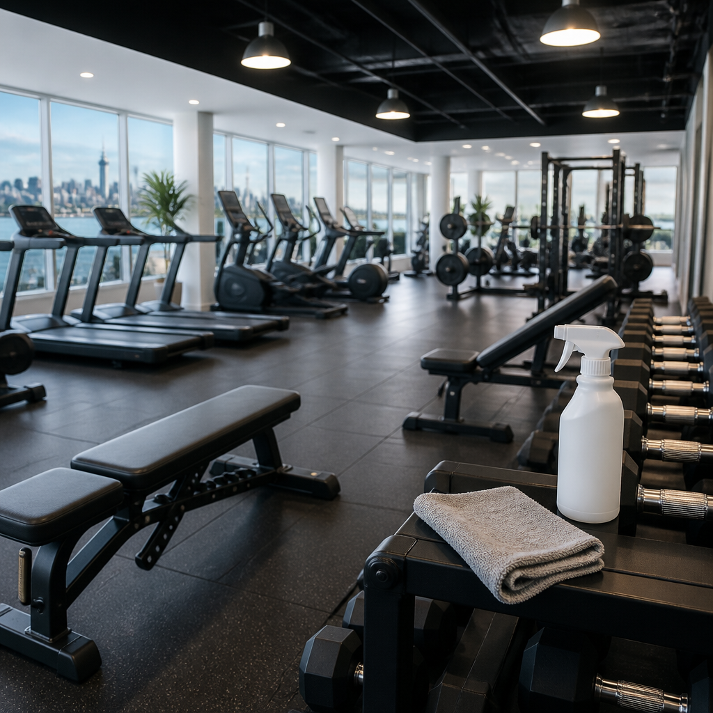 Wiped cardio machines and weight benches on a clean commercial gym floor