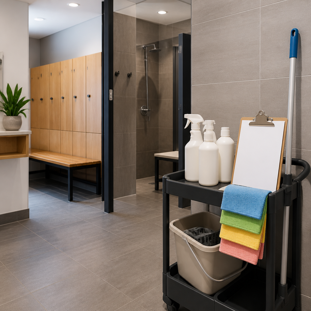Cleaning trolley and clean tiled changing room at a Christchurch fitness centre