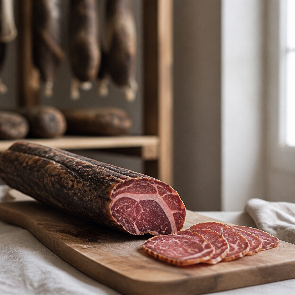 Lomo ibérico abierto sobre tabla de madera con lonchas finas, listo para conservar en una despensa fresca.