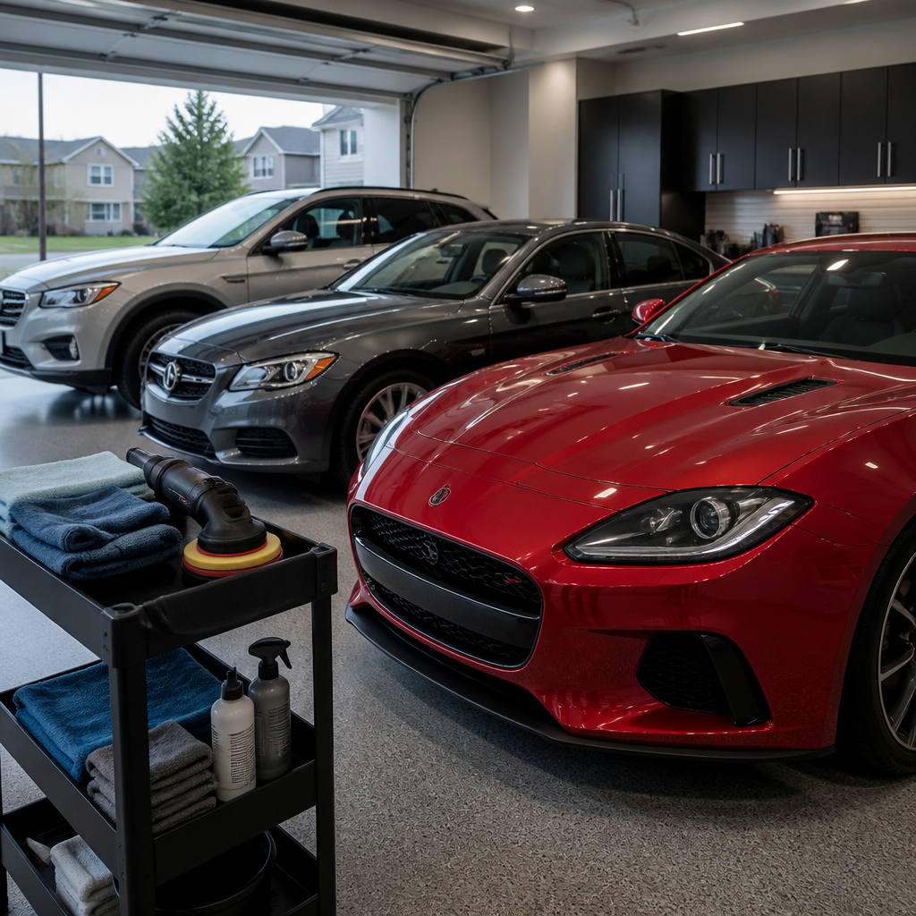 Three luxury cars in a Glendale Heights garage prepared for multi-vehicle detailing Illinois, with polished paint.