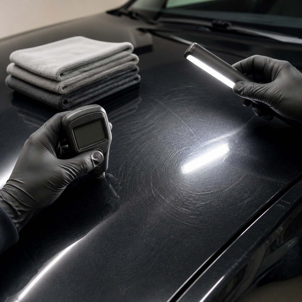 Close-up of a car hood under inspection light showing swirl marks before paint correction.