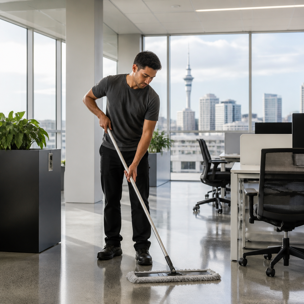 Commercial cleaner mopping a bright open-plan office floor in Auckland, with city views through large windows.