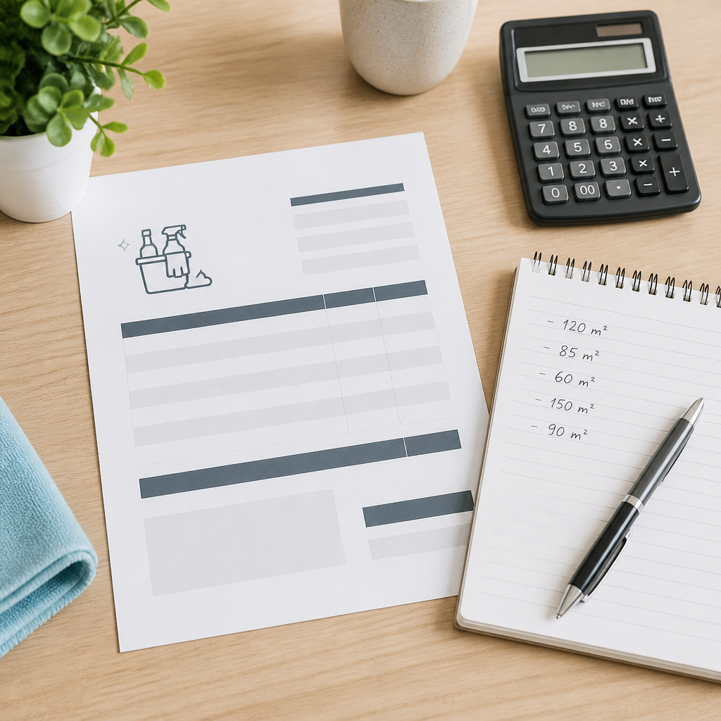 Desk with a cleaning quote, calculator and notepad used to compare commercial cleaning prices.