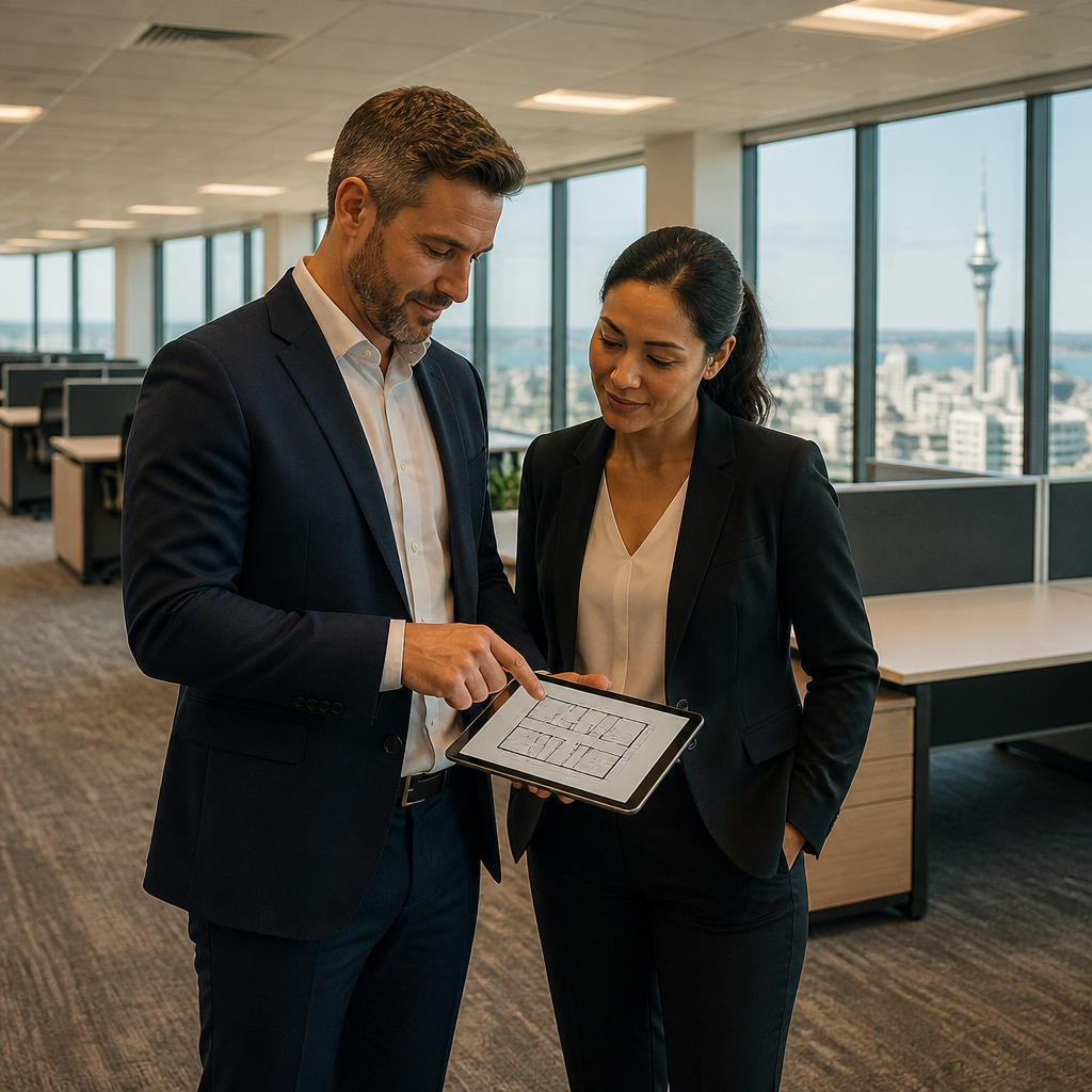 Property manager and facility manager reviewing a floor plan in a freshly cleaned Auckland office.