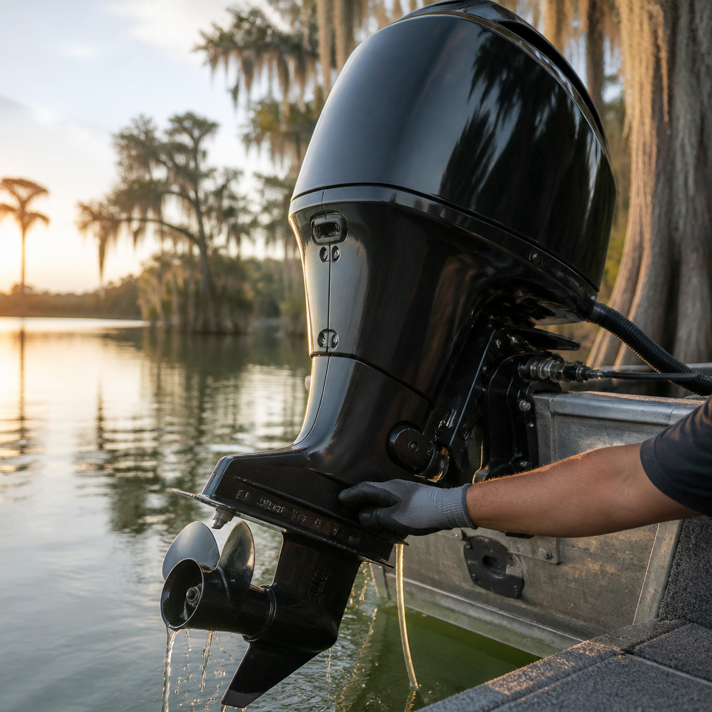 Outboard motor on a fishing boat on a Clermont lake with hands checking the lower unit during fall maintenance.