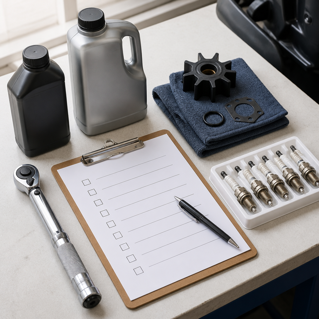 Workbench with unlabelled gear lube, impeller, spark plugs and tools laid out for an outboard service checklist.