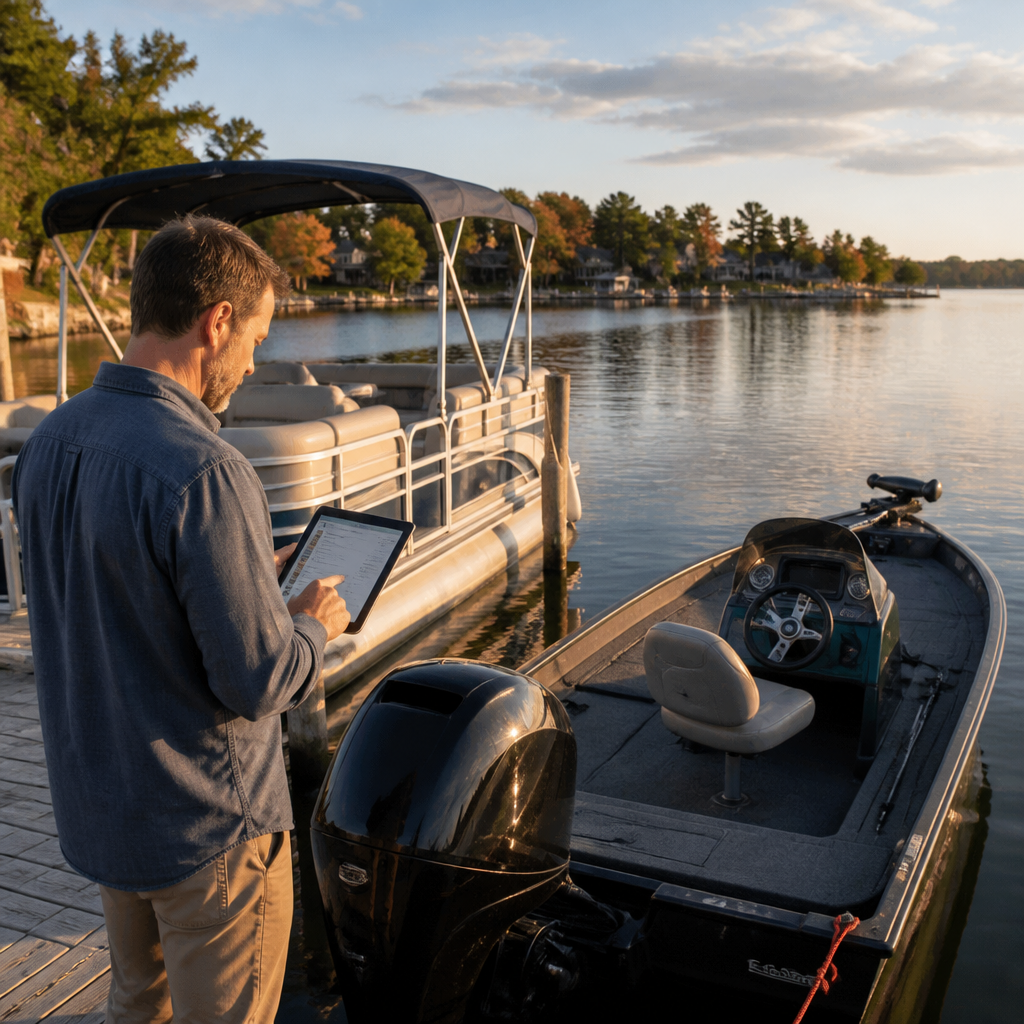 Boat owner reviewing a service estimate beside a docked boat on a Central Florida lake in autumn.