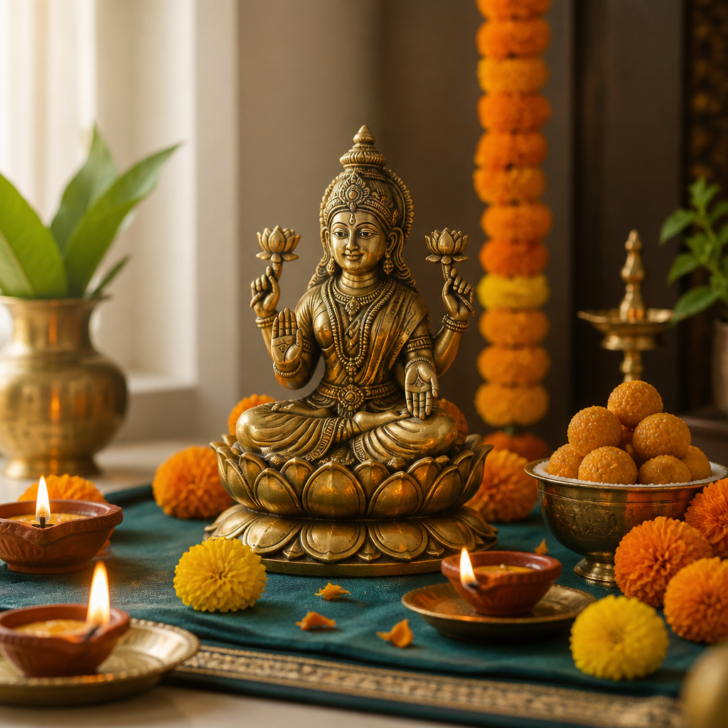 Brass Lakshmi statue on a home altar lit by clay oil lamps for Diwali, with marigold garlands nearby.