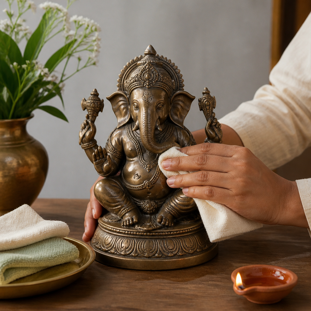 Hands carefully cleaning a bronze Ganesha statue on a wooden table before the Diwali festival.