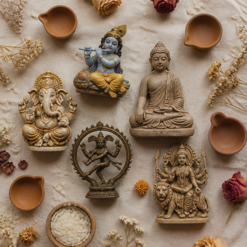 Overhead view of Hindu deity sculptures arranged with clay lamps and rice on a linen cloth.