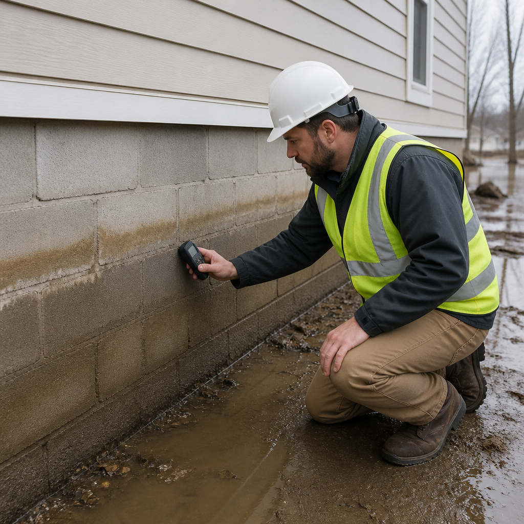 Expert en expertise post-sinistre inspectant les fondations d'un bâtiment après inondation, avec une trace d'humidité sur le mur