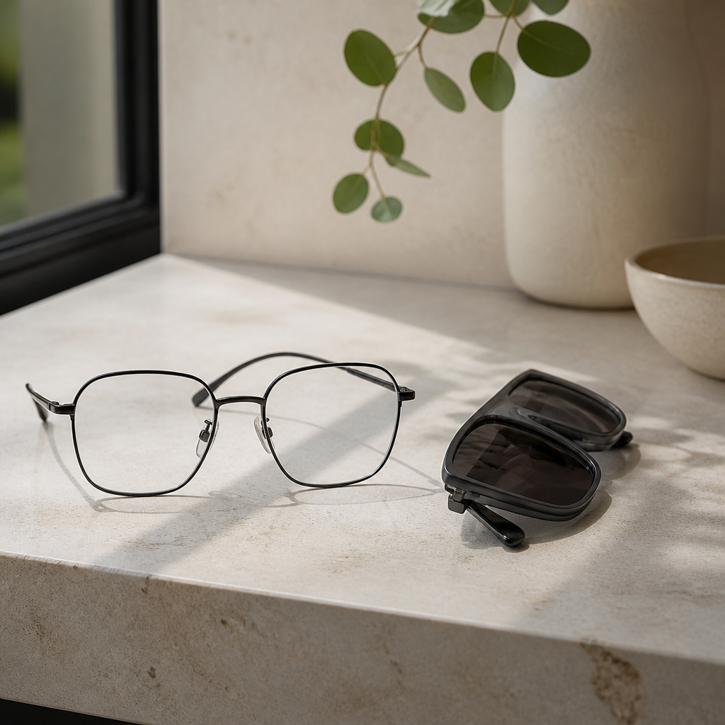 Designer eyeglasses with clear lenses beside designer sunglasses on a stone surface, showing the difference between the two pairs