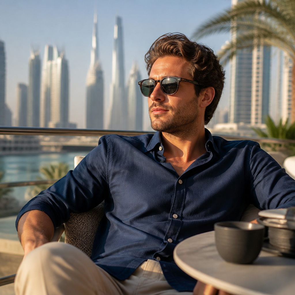 Person on a sunlit Dubai terrace wearing prescription sunglasses for both glare protection and clear vision
