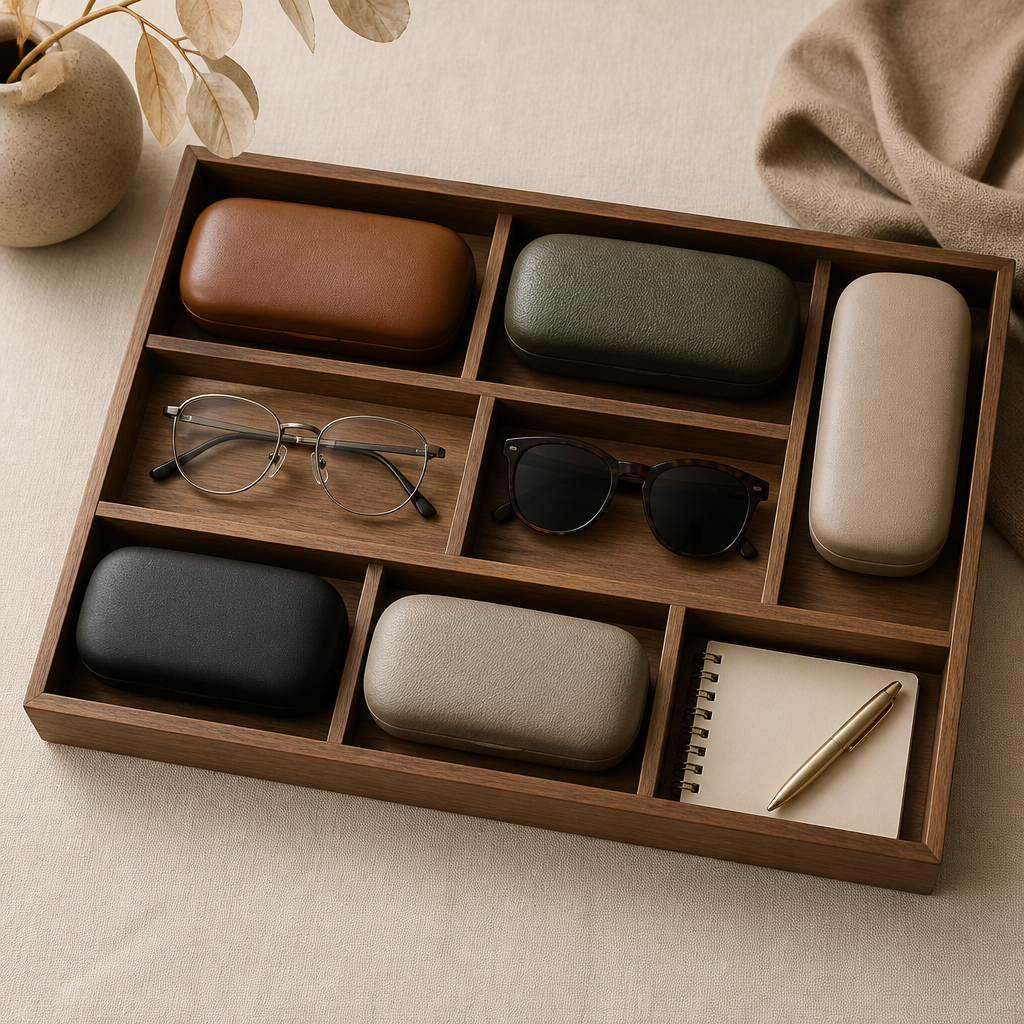 Flat-lay of eyewear cases, eyeglasses and sunglasses arranged on a wooden tray for planning a wardrobe